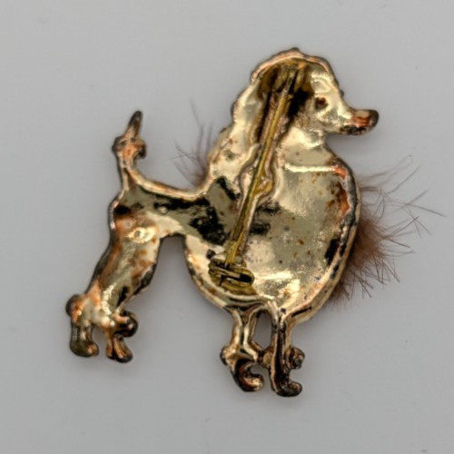 vintage brooch gold tone poodle rhinestone eye faux fur – as is