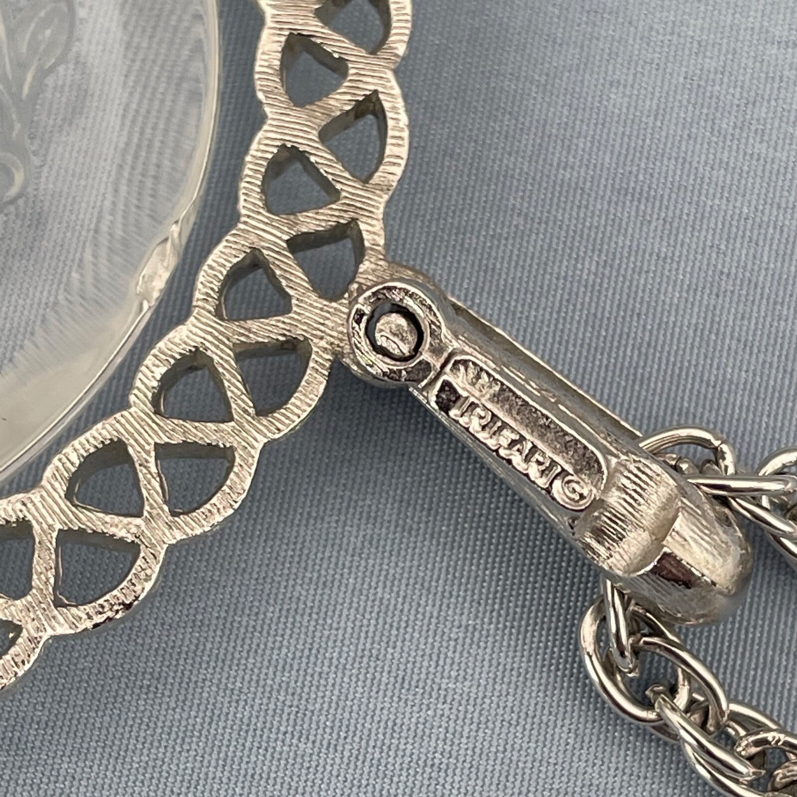 Crown Trifari Pendant Necklace Scales of Justice Reverse Etching Glass 22 Inches