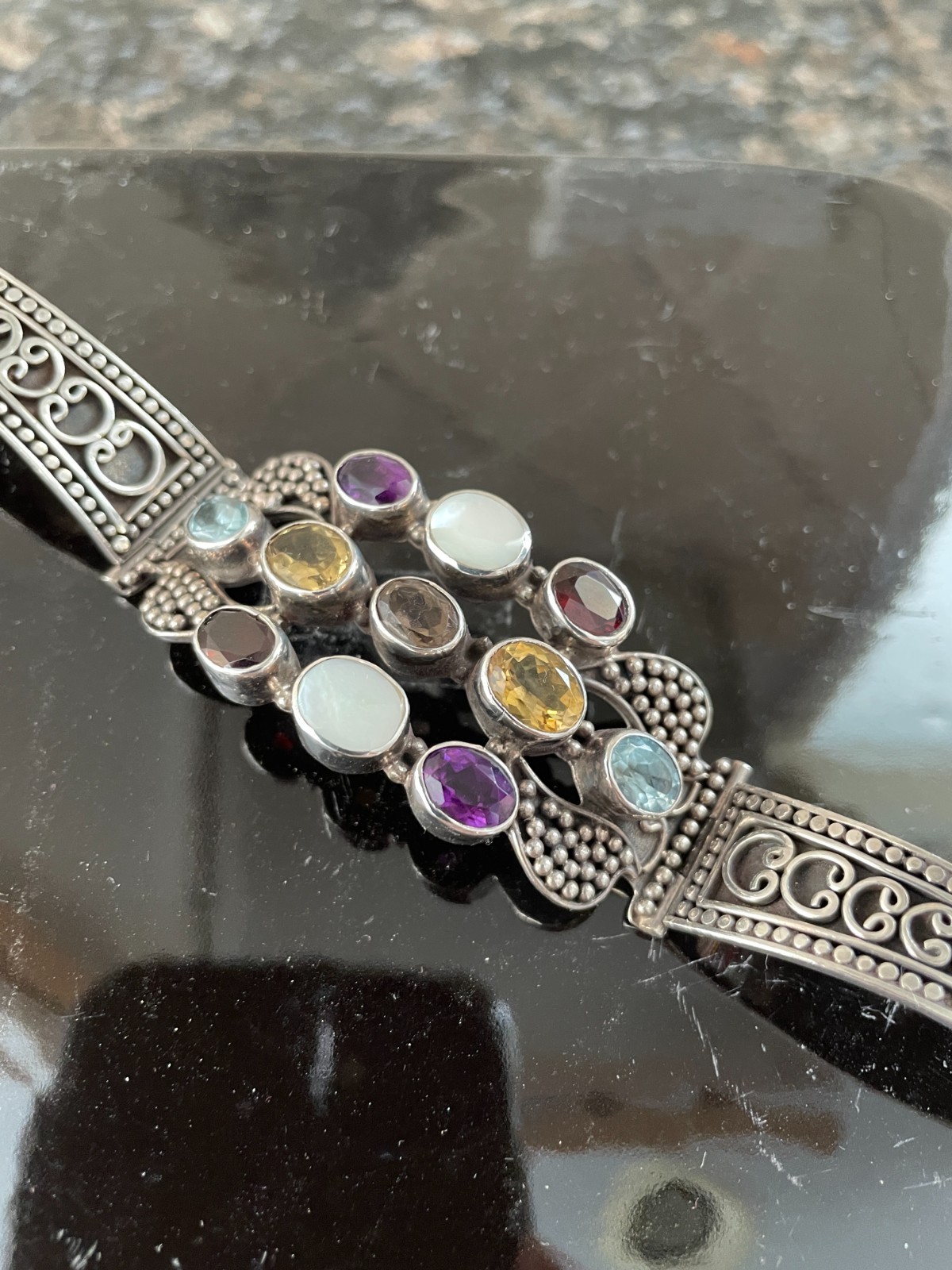 Vintage Style Sterling Silver Multi-gemstone Bracelet Victorian Revival Design