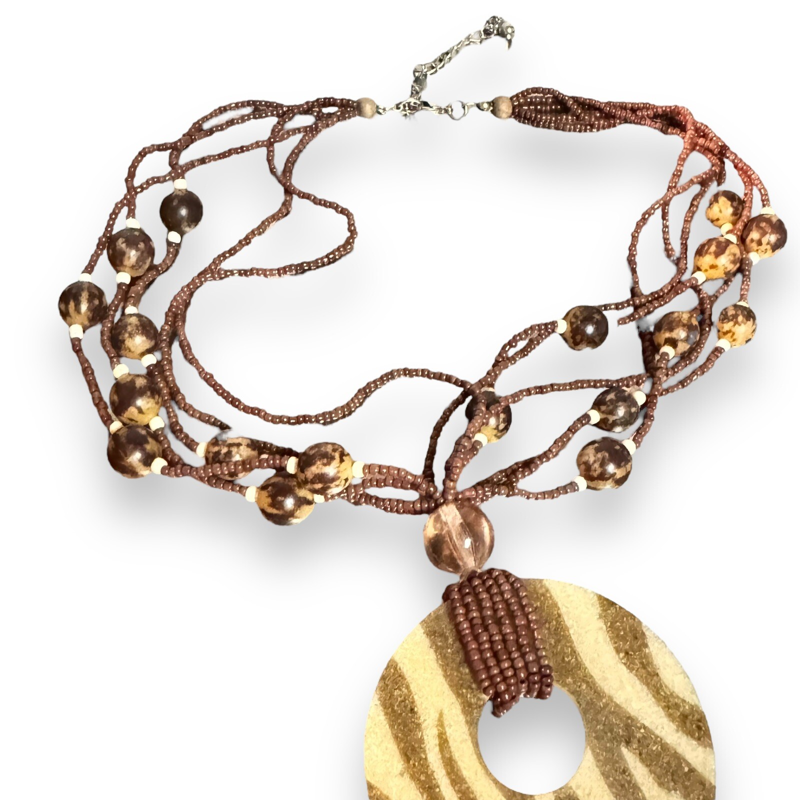 VTG Y2K Beaded Pendent Zebra Stripped Necklace 90s Casual Daily Safari