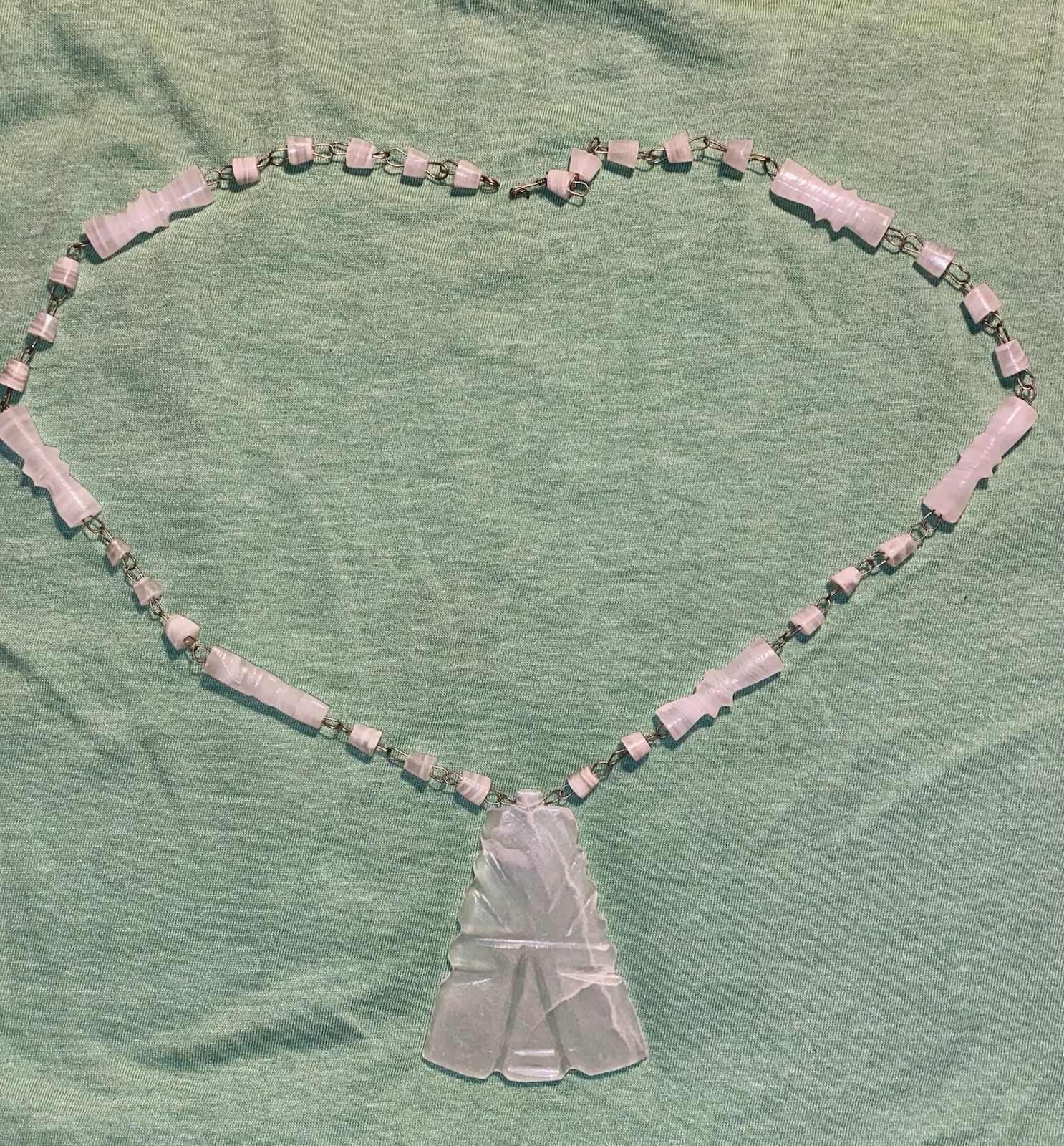 Vtg Mexican Agate White Etched Necklace Pendant Beaded Aztec