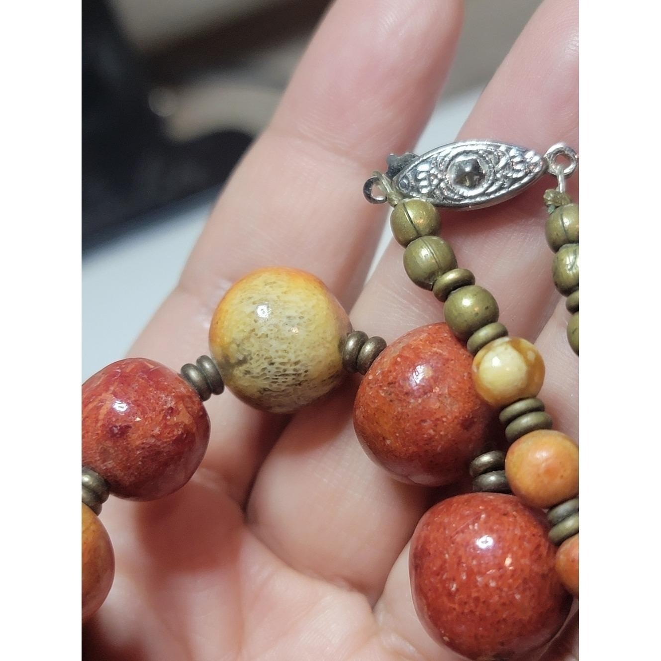 Vintage Sponge Coral Bead Necklace 23″ Orange Red Cream Graduated Brass Spacer