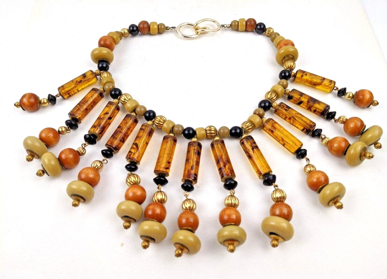 Bold Vintage Cleopatra Lucite, Wood & Gold Beaded Bib Statement Collar Necklace