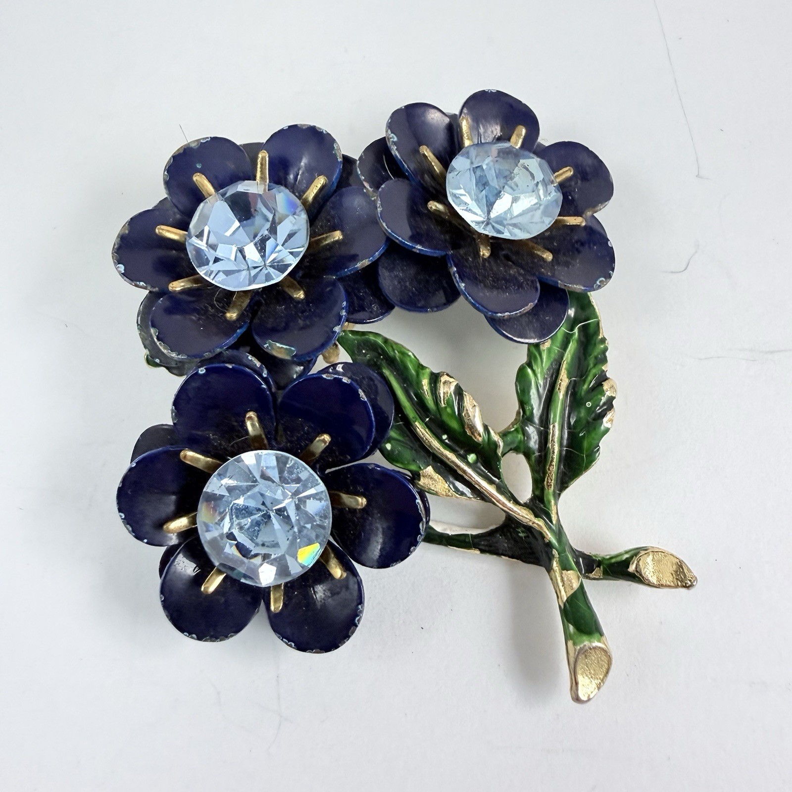 Vintage Blue Rhinestone Enameled Flower Brooch Estate Pin