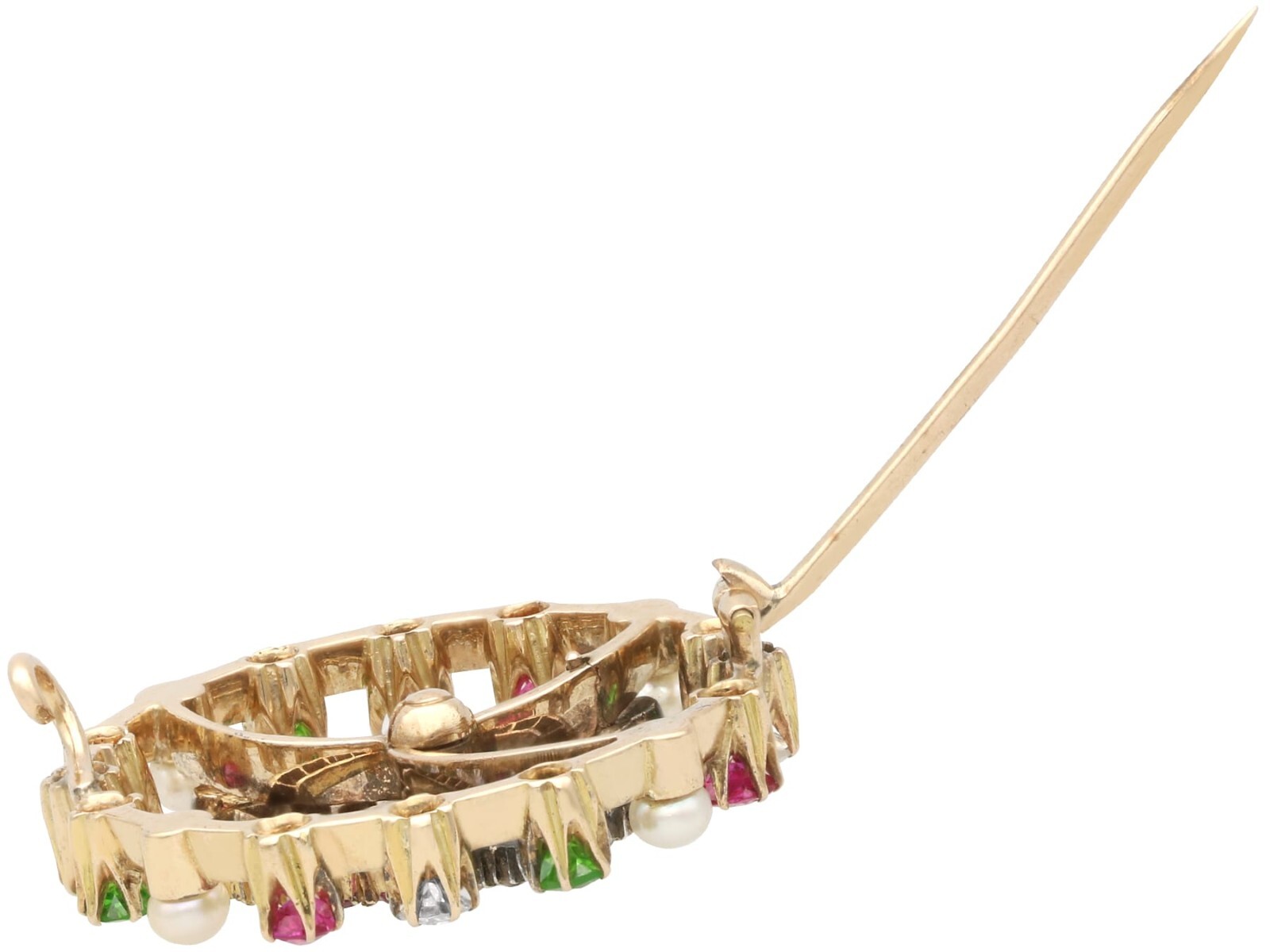 Pearl, 0.30Ct Demantoid Garnet, 0.45Ct Ruby, 0.35Ct Diamond, 14k Gold Brooch