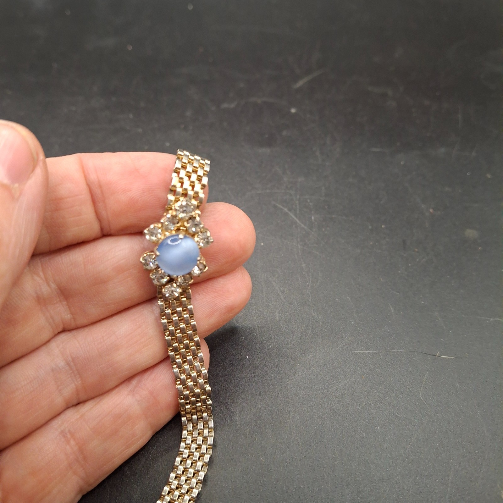 Vintage Gold Tone Mesh Bracelet Blue Moonstone Faux Cabochon Repair As Is Retro