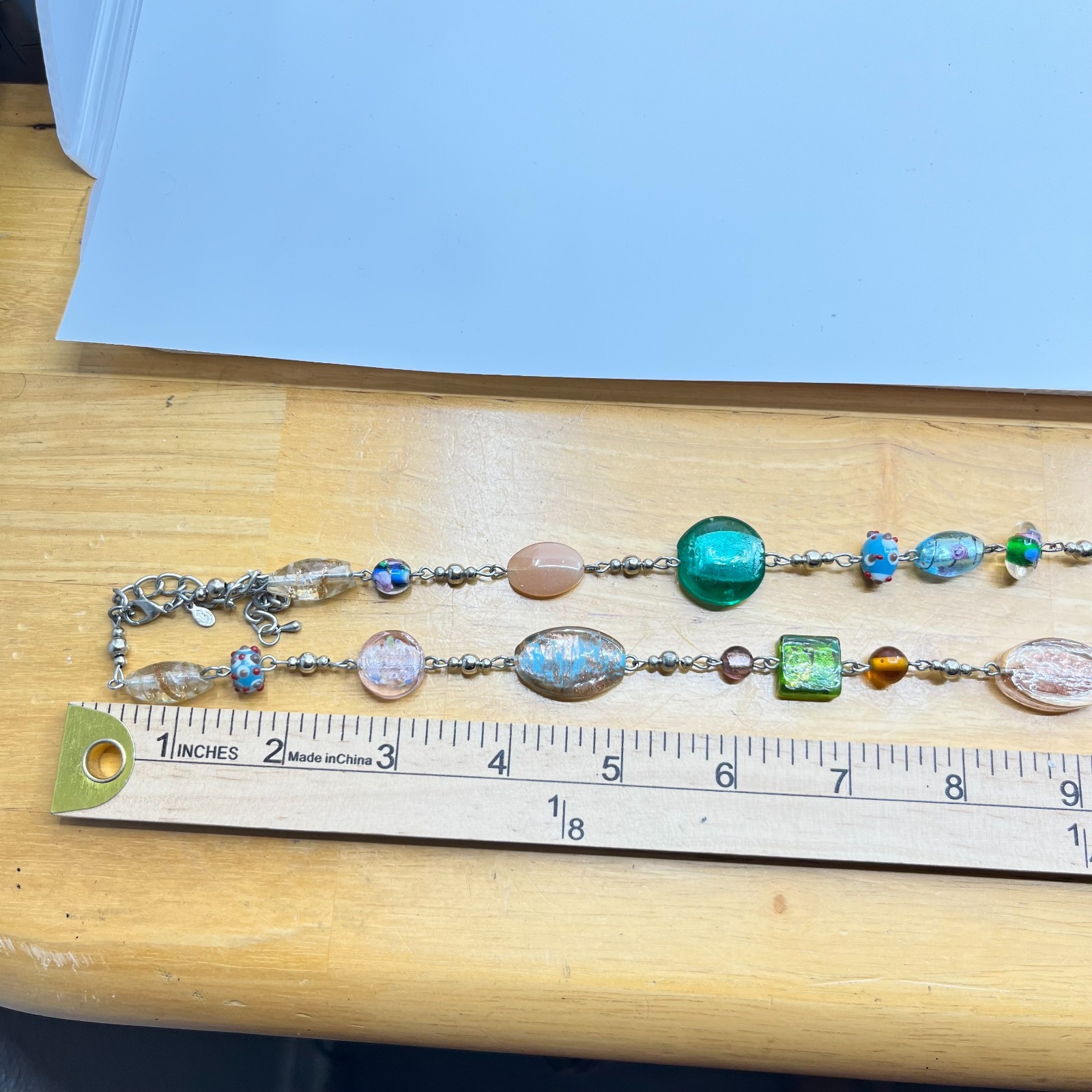 Vintage Boho Art Glass Bead Station Necklace Multi-Color Eclectic Retro Style