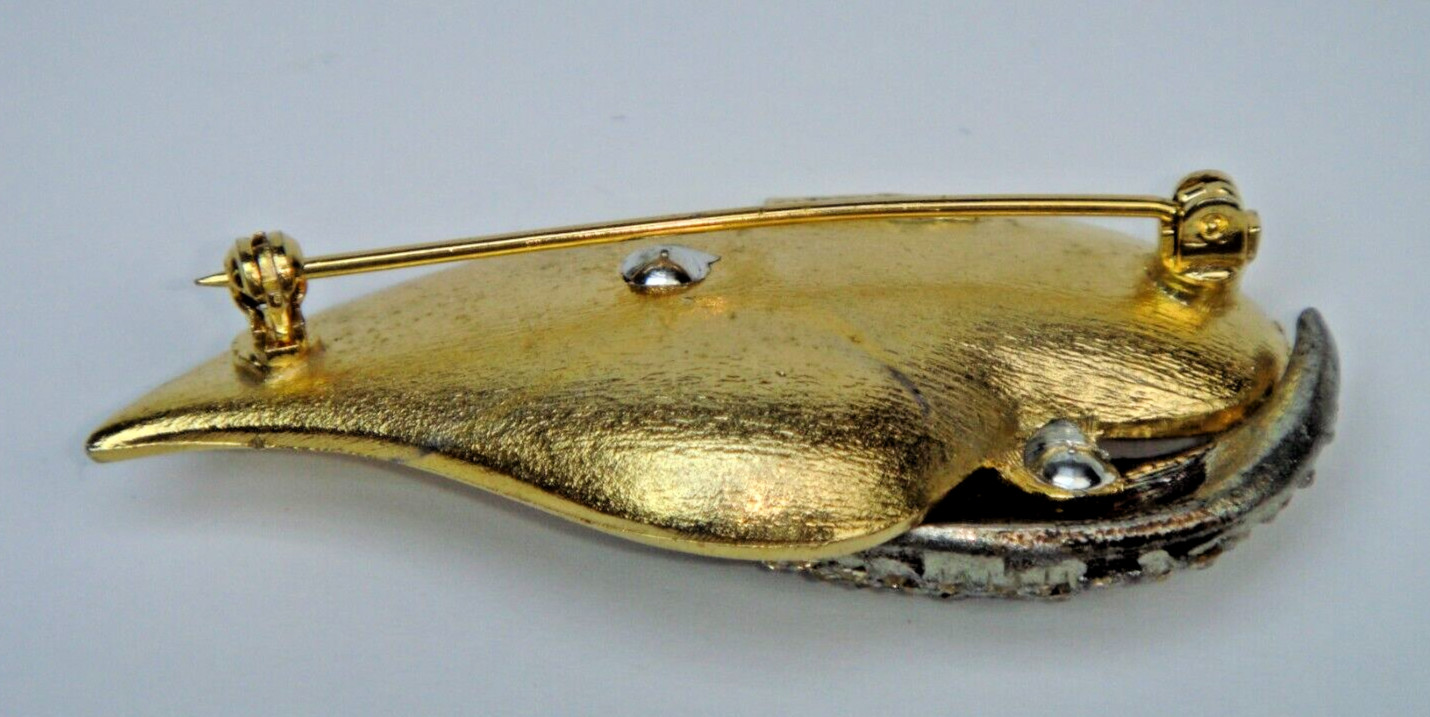 Leaf Pin-Brooch Brushed Yellow Gold-Tone with Crystal Rhinestones Signed B.S.K.