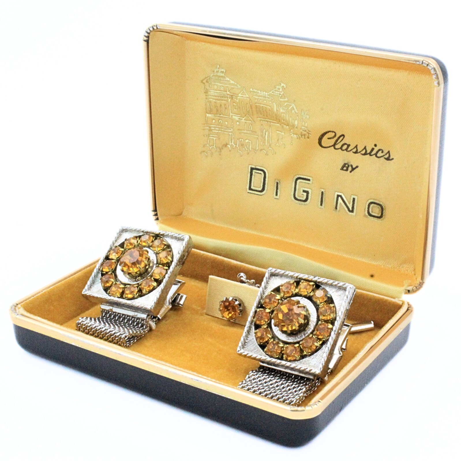 Di Gino Designer Retro Yellow Rhinestones Cufflinks Tie Tac Set