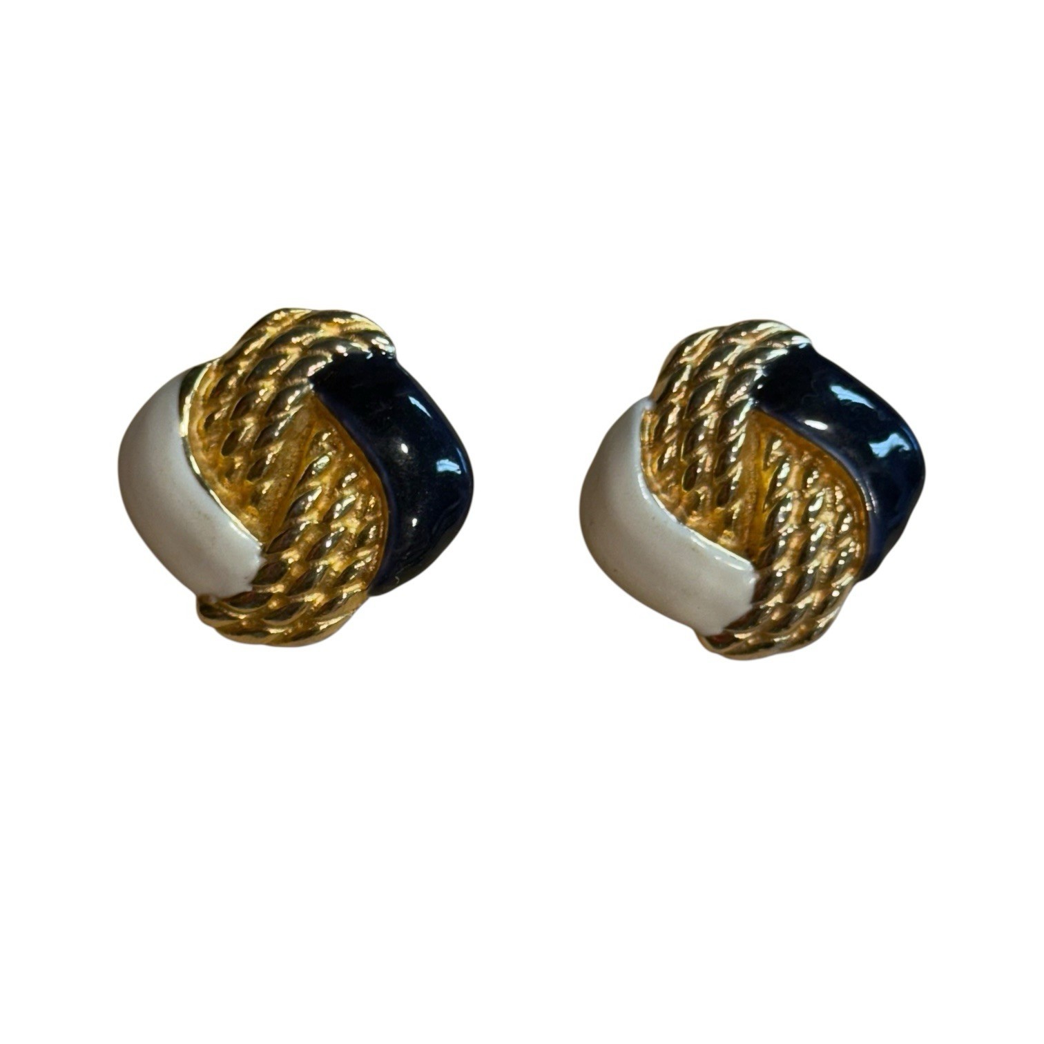 GAY BOYER Gold Tone & Navy Clip On Earrings Enamel Cream Navy 90s Fashion Retro