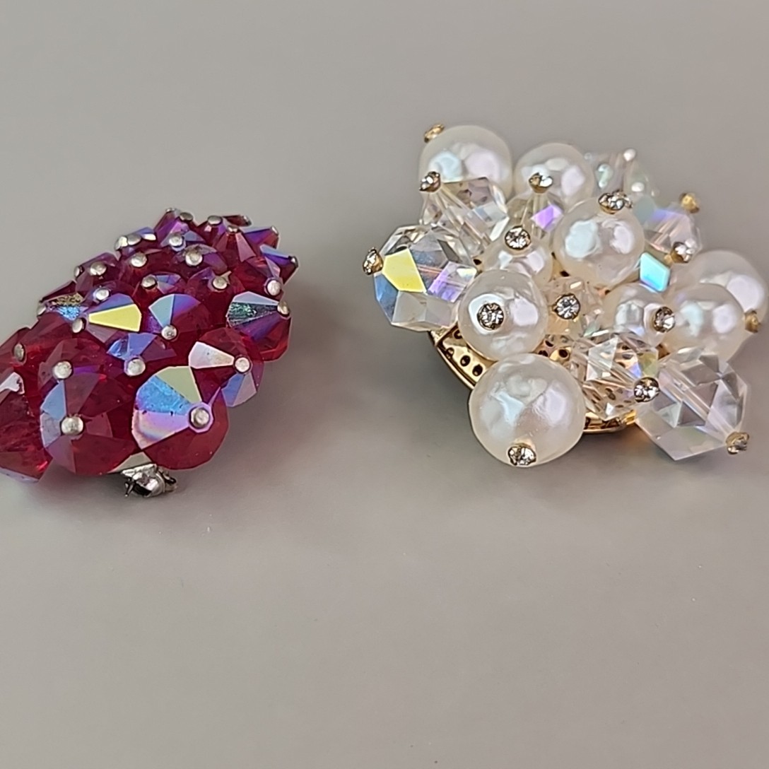 Vintage Cluster Brooch Lot of 5 AB Glass Blue Red Yellow Plastic