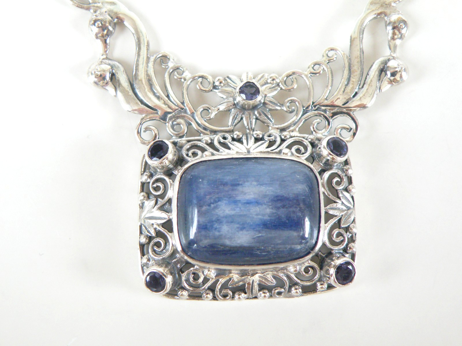 Sterling Silver 925 Natural Kyanite Iolite Art Nouveau Style Necklace 18″