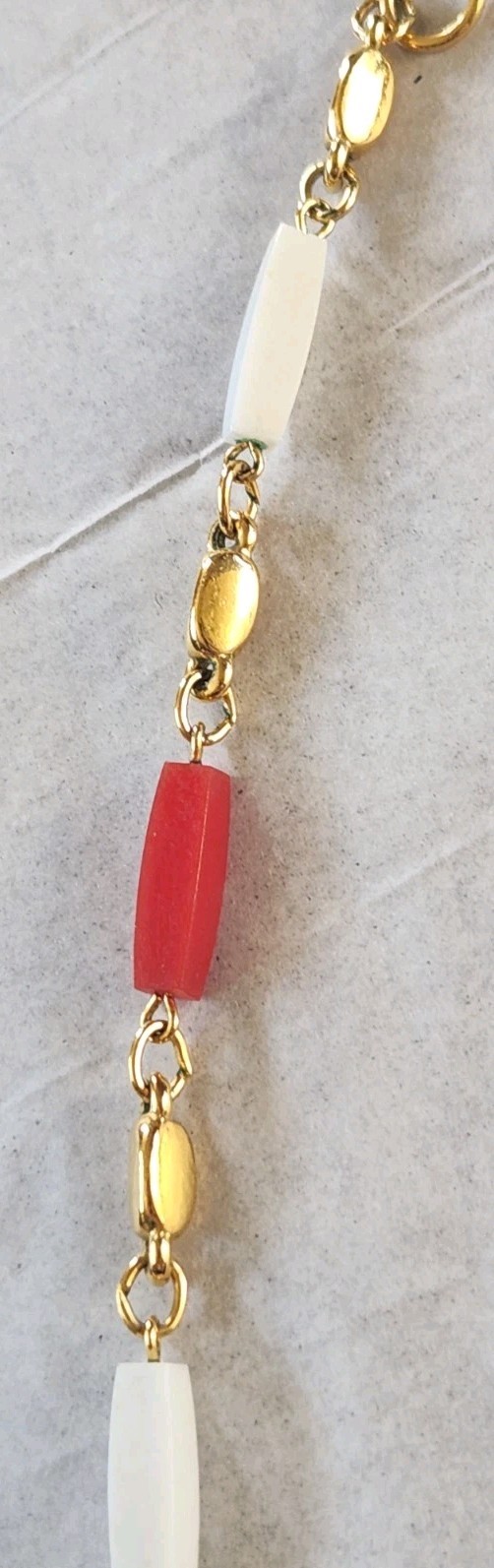 Trifari Necklace Clip On Earrings gold-tone Red, White & Blue Plastic Beads