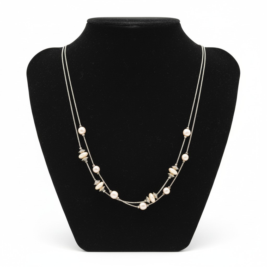 18″ Double Strand Gold-toned Chains W/Light-Colored Beads With Spacers Necklace