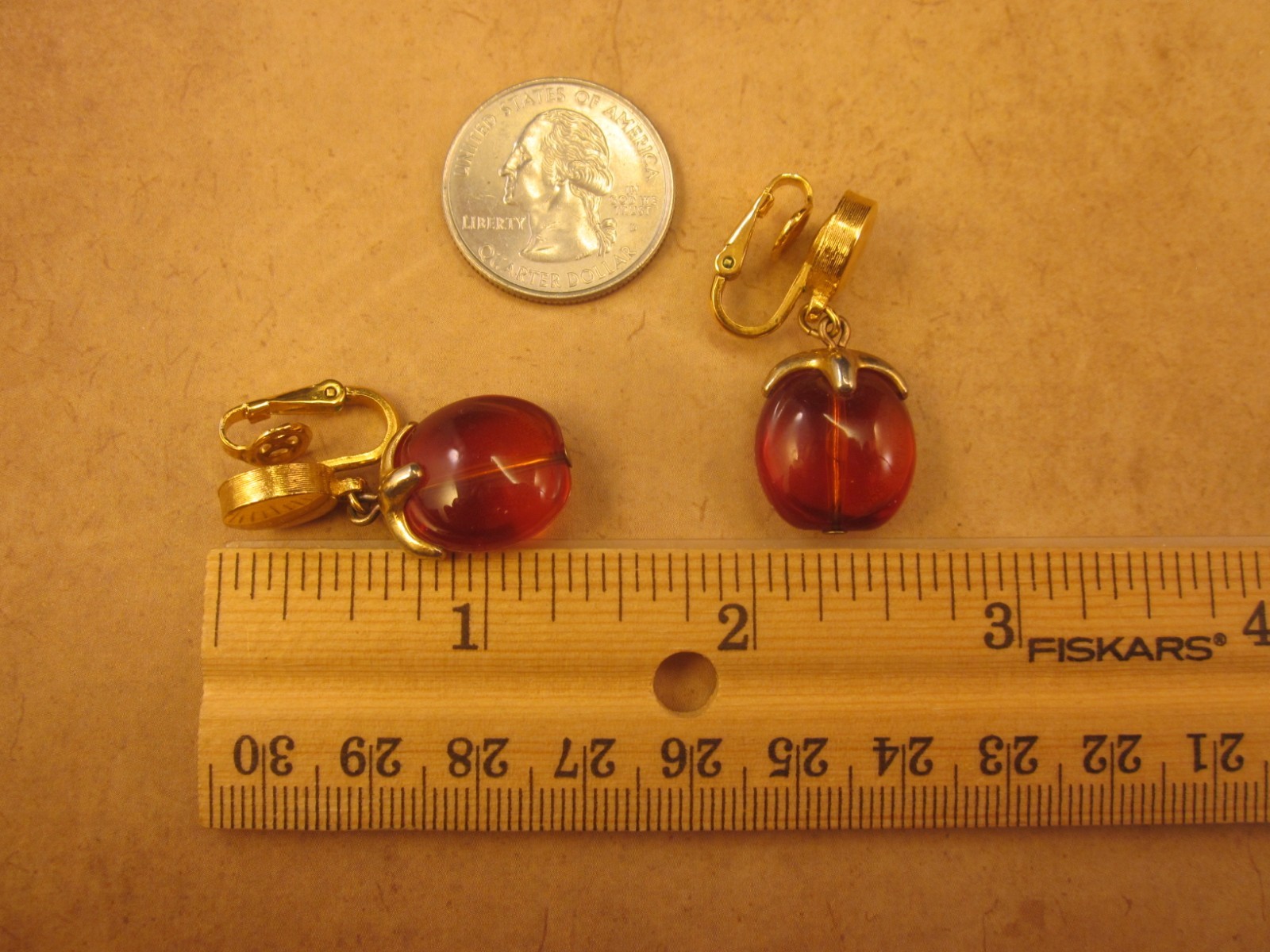 Crown Trifari Honey Amber Lucite “Waterfall Series” Gold Tone Clip-On Earrings