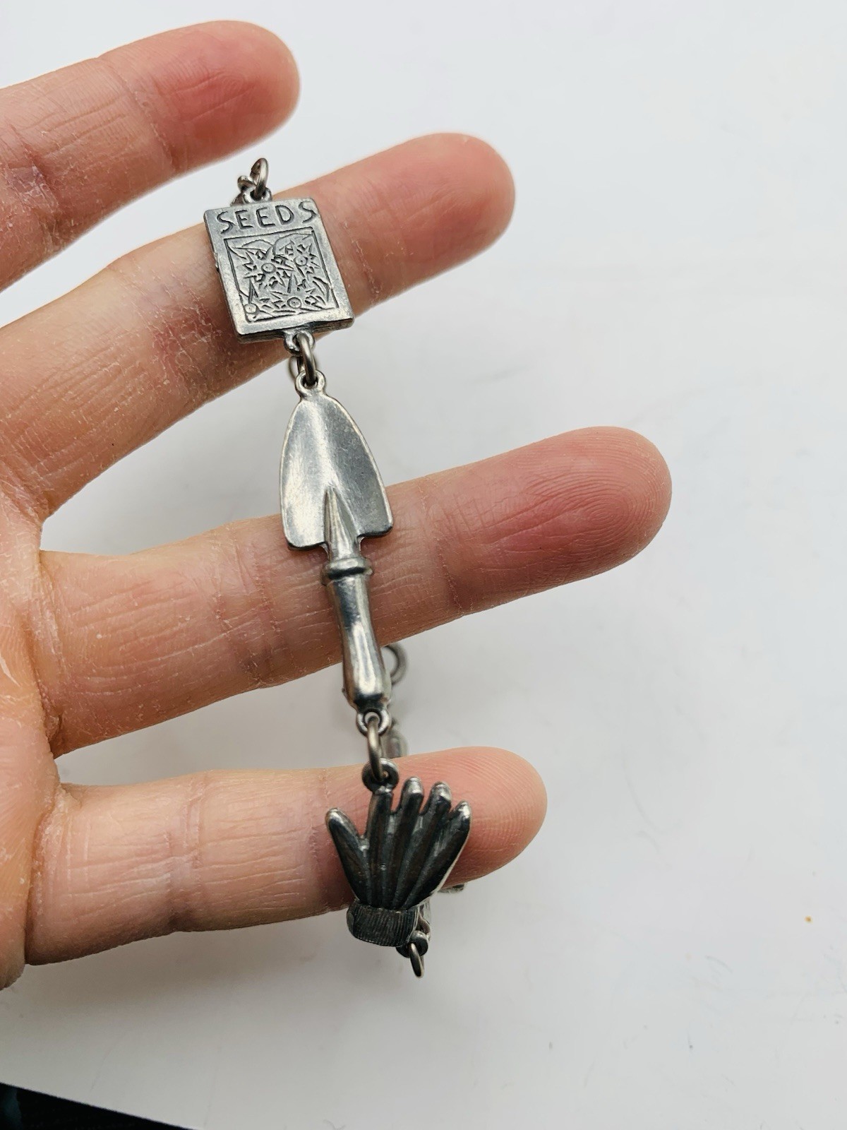 Vintage 7″ Signed Jim Clift Pewter USA Silver Tone Gardening Charm Bracelet