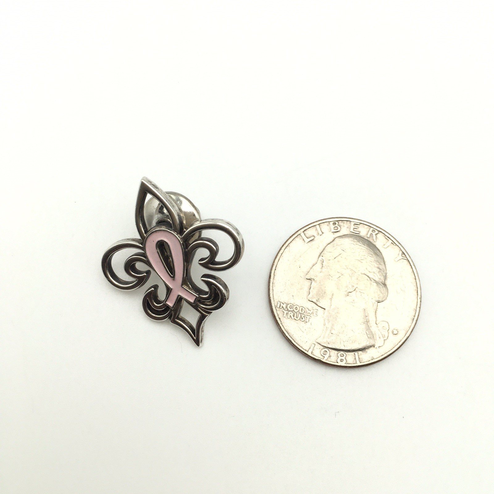 Vintage Sterling Silver Pink Breast Cancer Ribbon Fleur De Lis Pin Tack 3.3g #58