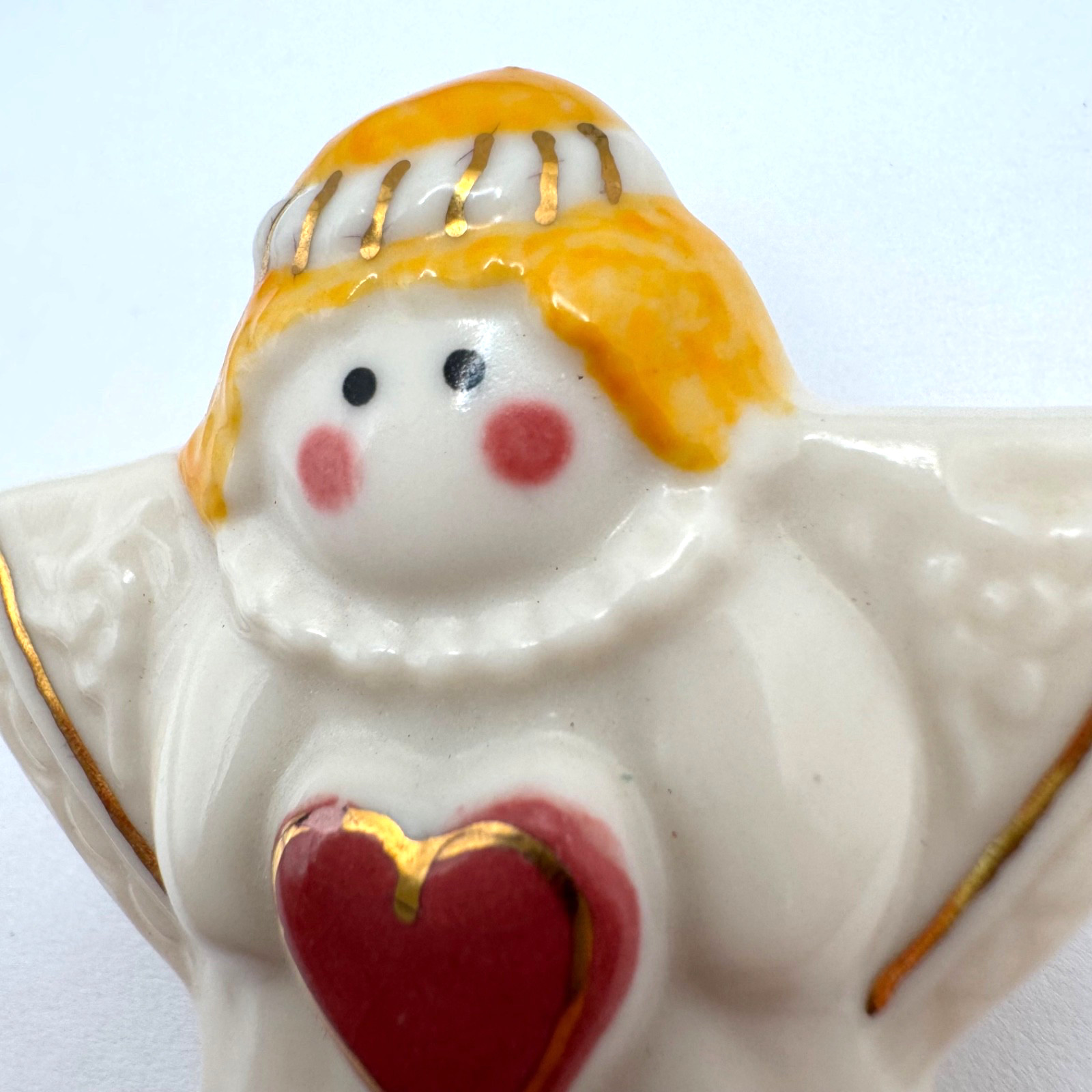 1996 Hearts & Flowers Red Hair Angel Brooch Pin Ceramic Red Heart Gold Accent
