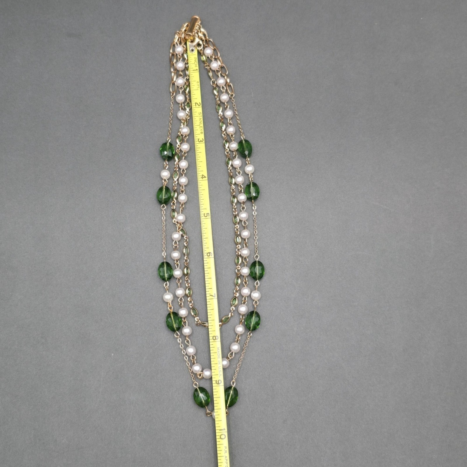 Vintage Multi Strand Green Glass Faux Pearl Layered Necklace 16″ 3 Layered Tier