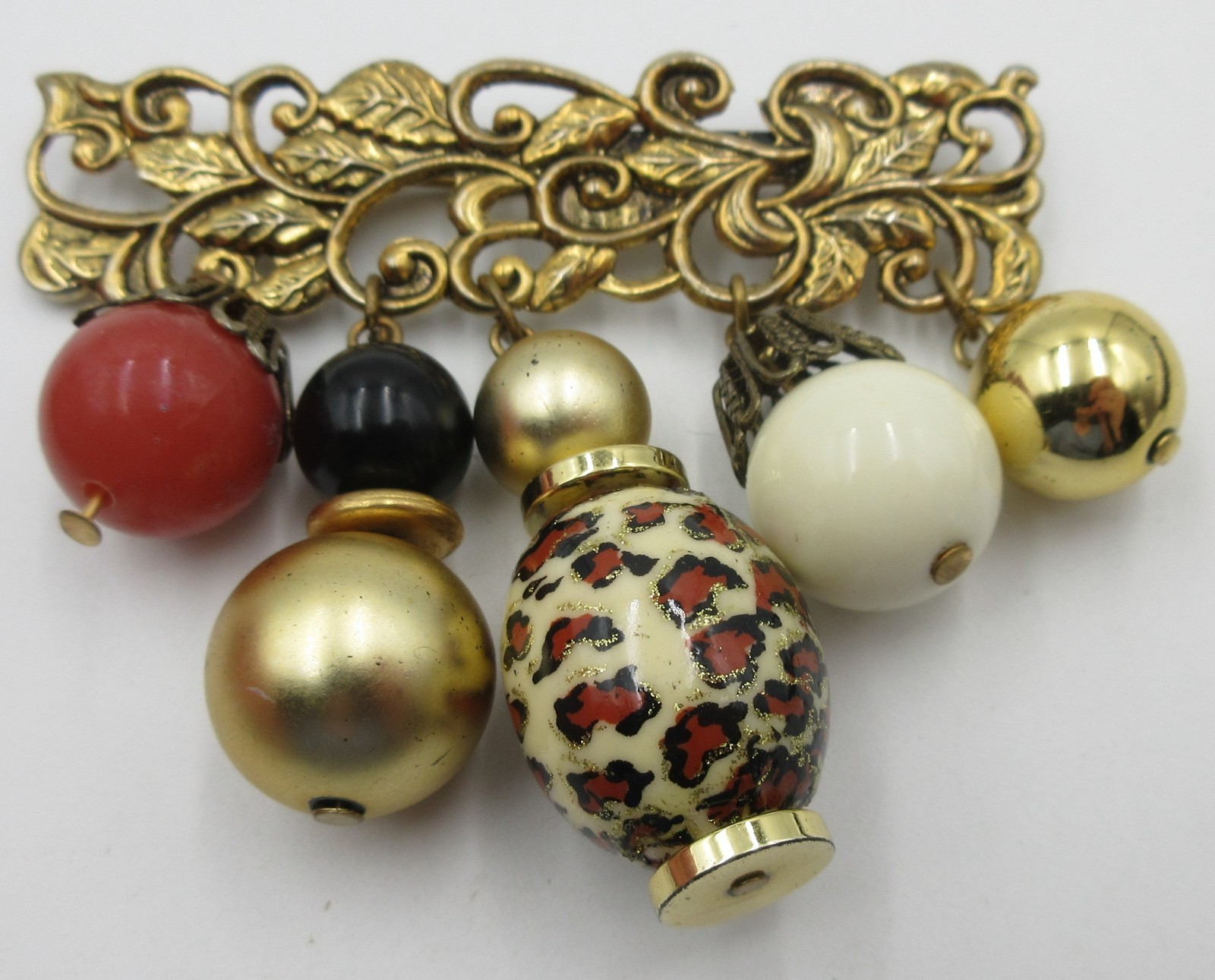 VTG UNUSUAL BIG Brooch Pin leaf bead dangle charm white brown black gold tone