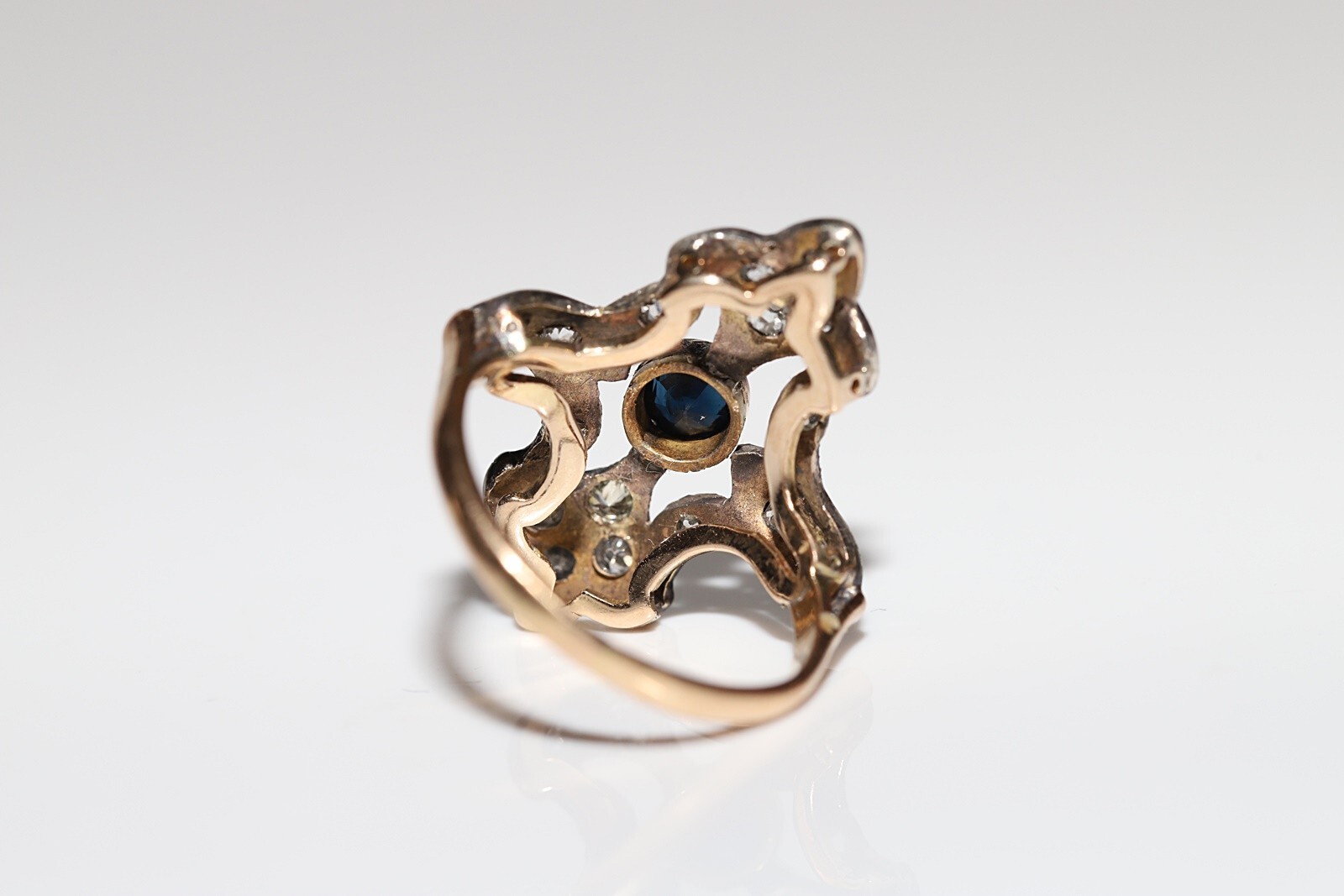 Antique Circa 1920s 14k Gold Top Silver Natural Diamond And Sapphire Ring