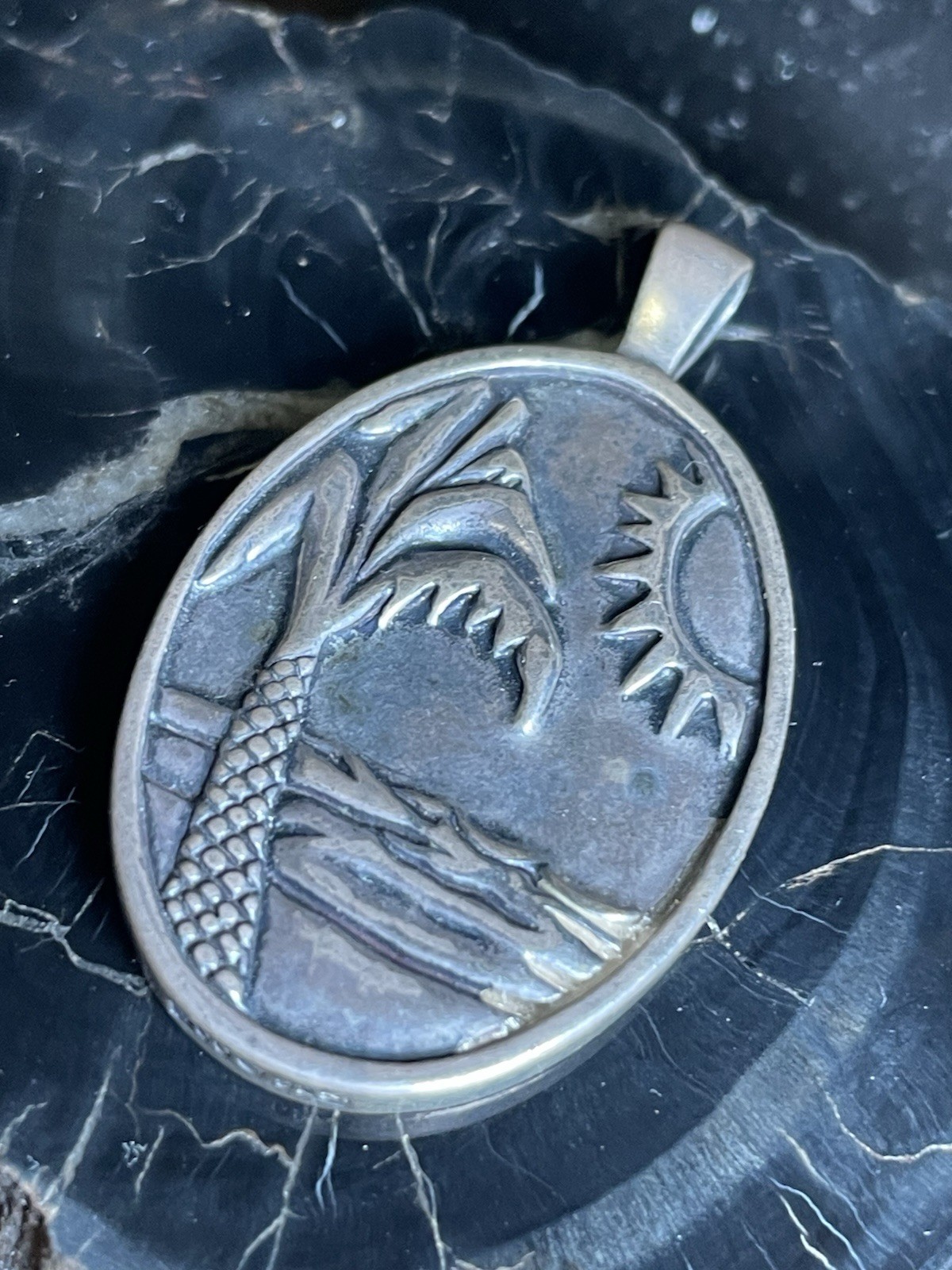 Sterling Silver Coleman CCO Palm Tree Chip Inlay Tropical Pendant 42mm x 25mm