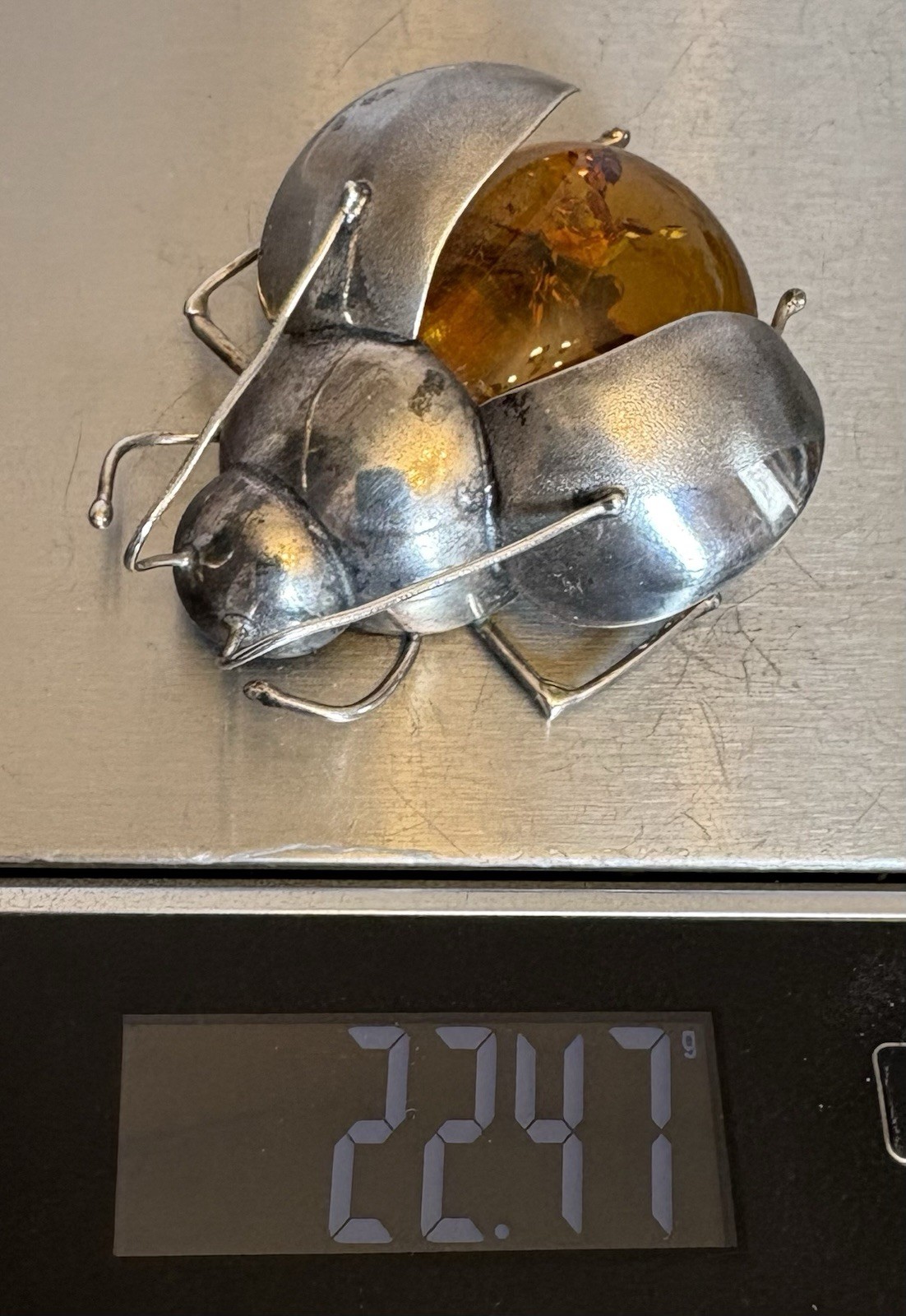 Vintage Baltic Amber Insect Brooch 925 Sterling Silver 3D Figural Big Bee Bug