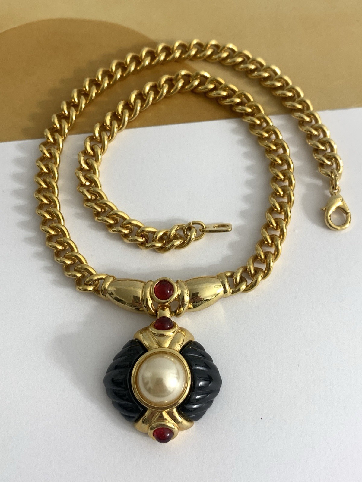 Vintage IVANA Trump Necklace Gold Tone Red Glass Cabochons Carved Black Lucite