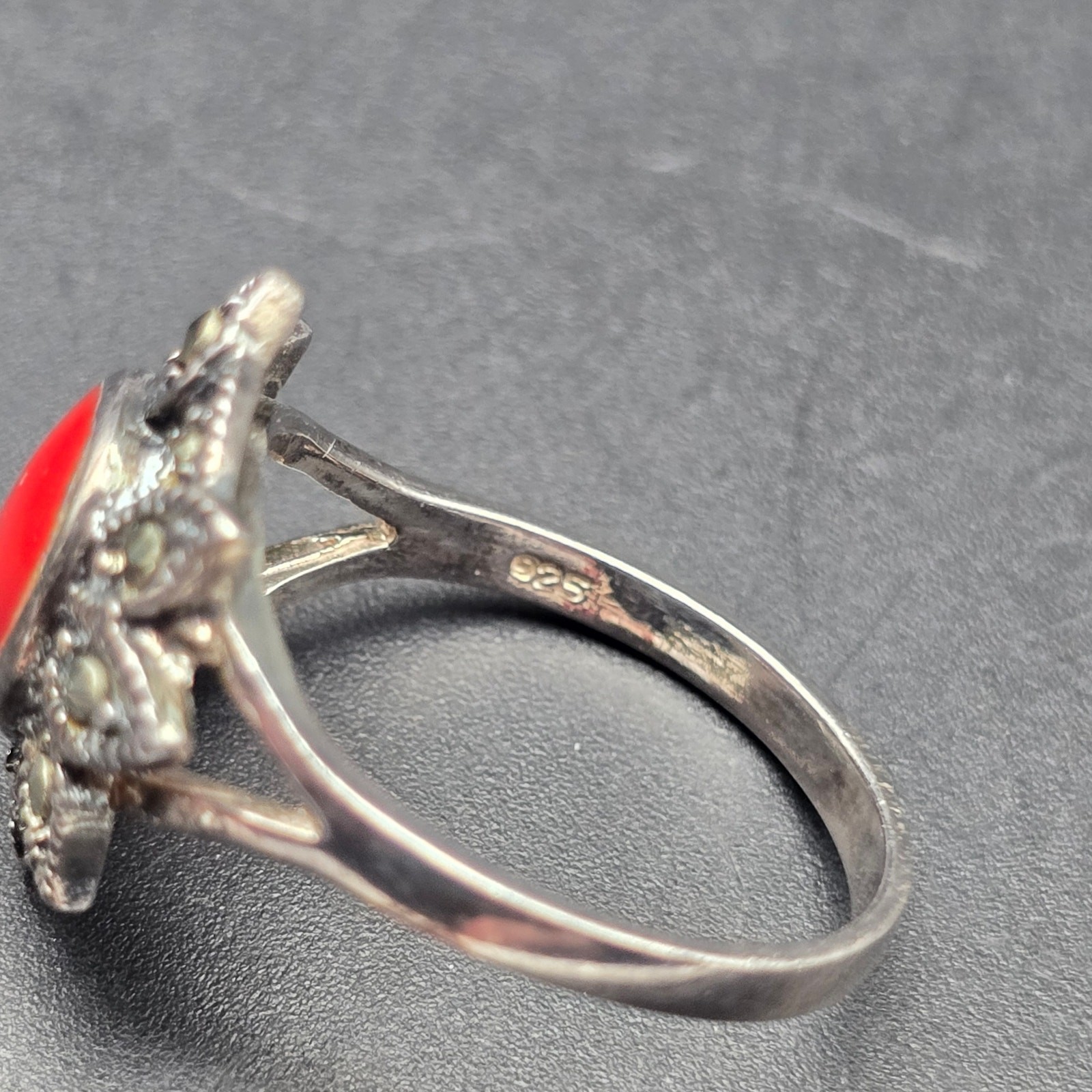 Sterling Silver Red Coral Marcasite Ring Size 7.75 925 Vintage