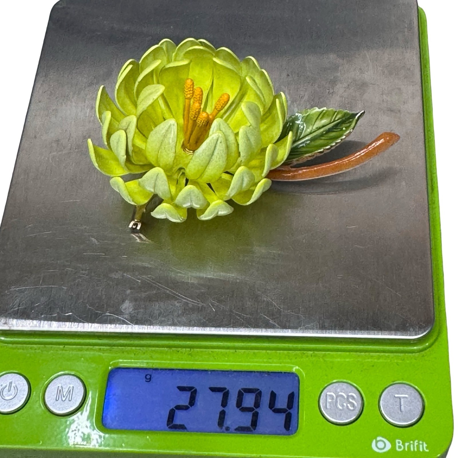Vintage Yellow Lime Green Chrysanthemum Flower Brooch 3″ Enamel Floral Pin