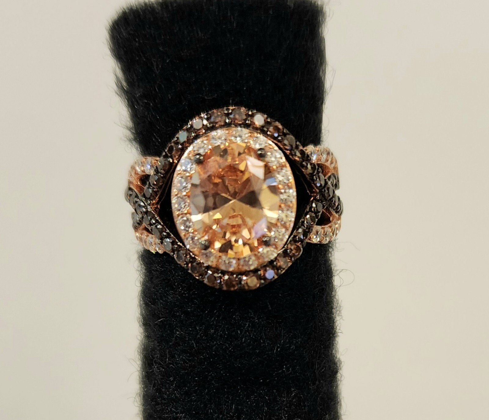 Champagne Brown & White Cubic Zirconia 18k Rose Gold, Sterling Silver Ring, Sz 5