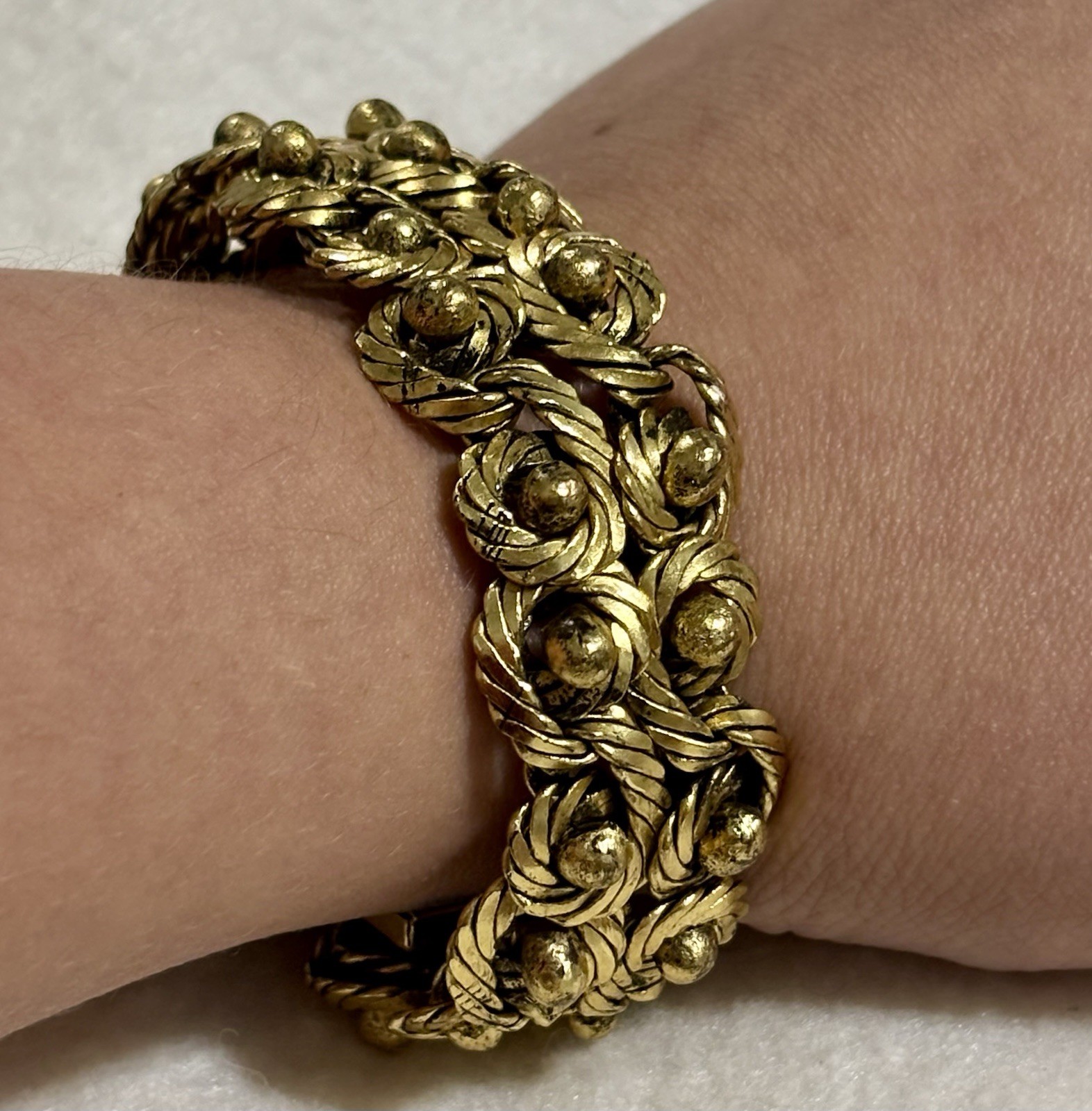 HTF Vintage French Modernist Coil Bracelet Gilt Bronze Plated Woven Wire 1950s