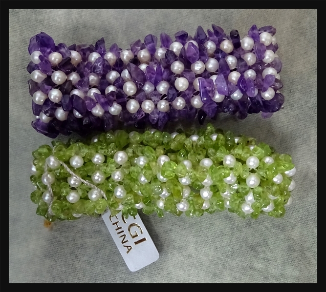 Two CGI Freshwater Pearl Amethyst / Peridot Stretch Bracelet s Retired QVC HSN
