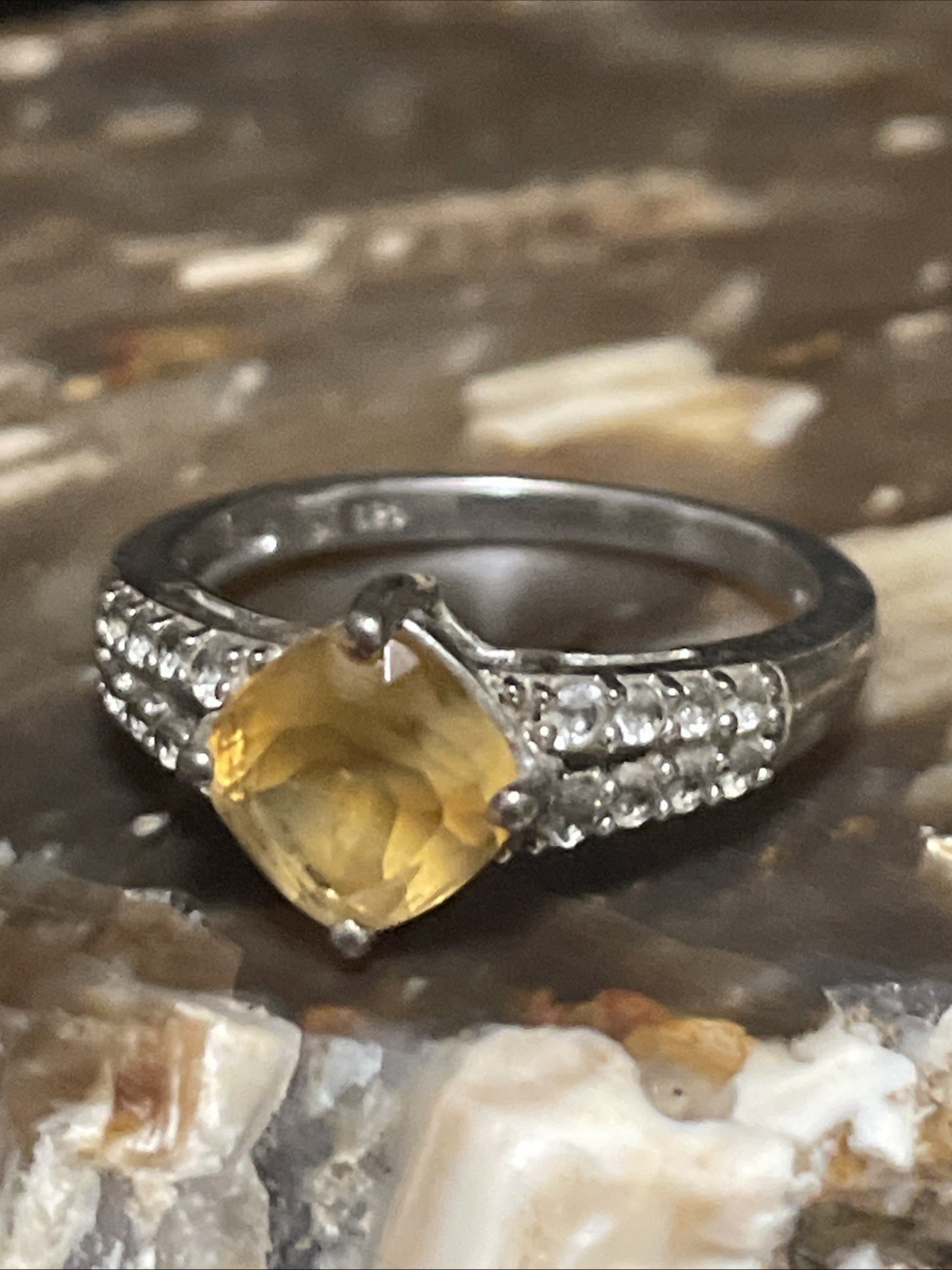 Citrine, Cubic Zirconia & Sterling Silver Cocktail Ring Size 7