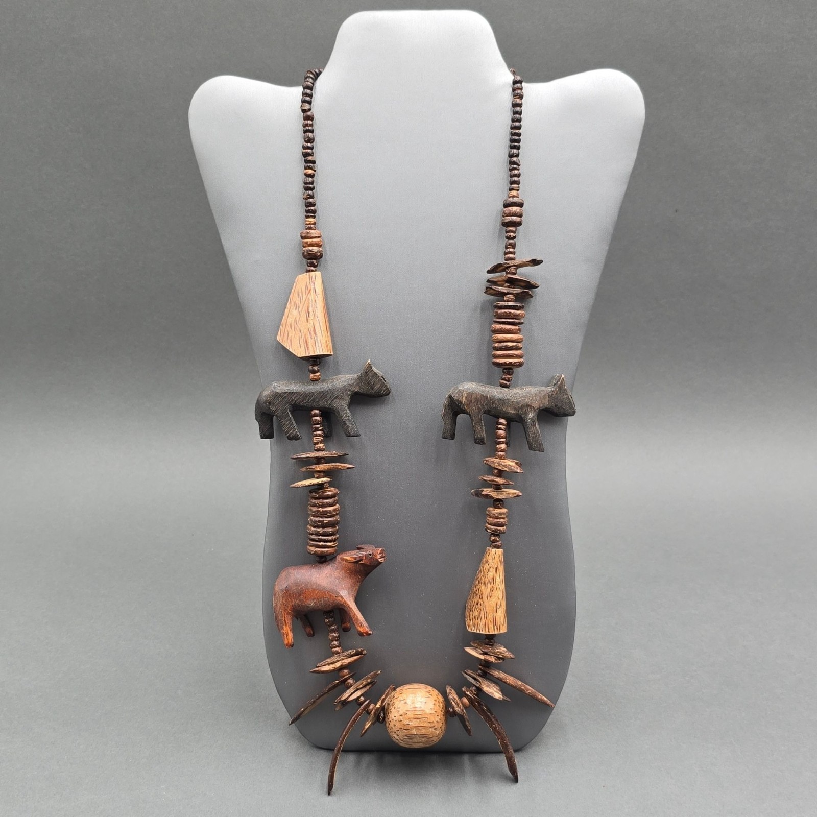 Vintage Tribal Wood Animal Necklace 26″ Brutalist Hand Carved Statement Piece