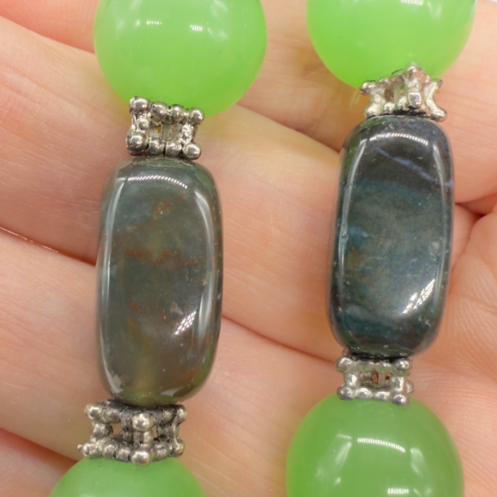 Vintage Necklace Agate Pendant and Green Black Stones 22 Inches