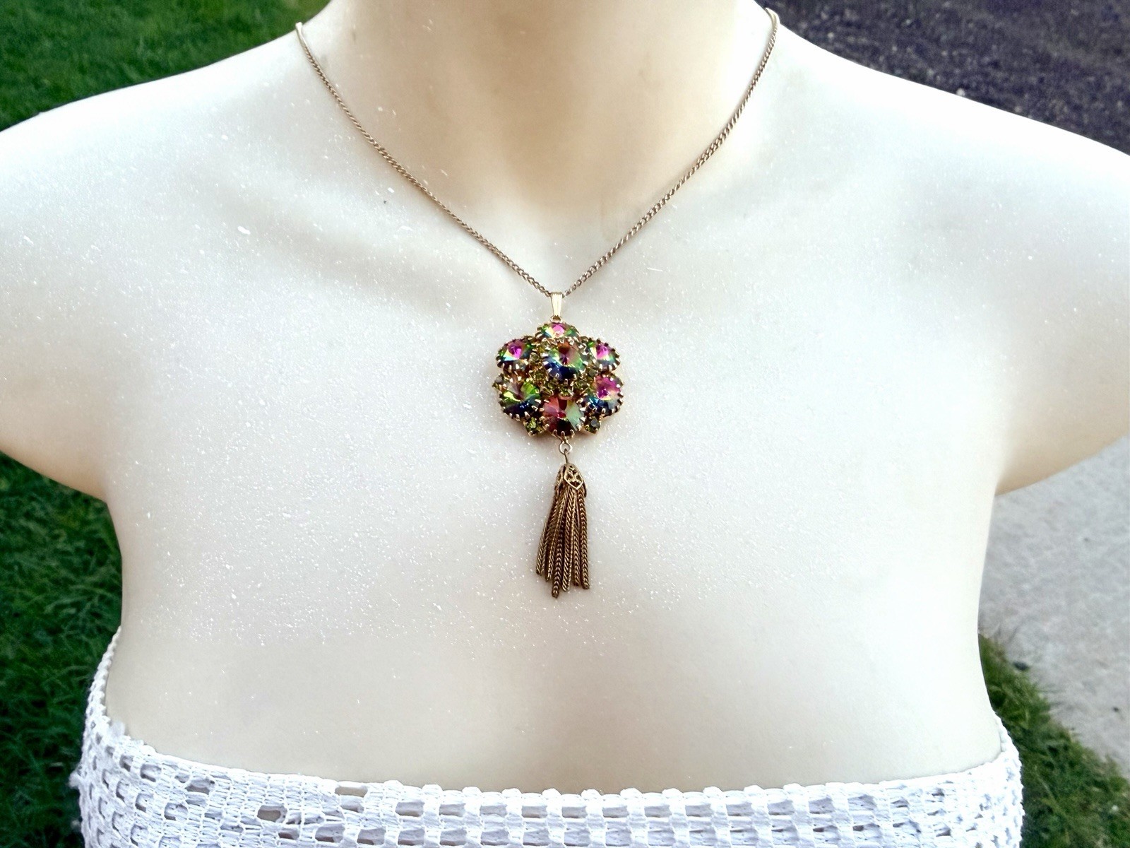 Vtg Juliana Watermelon Heliotrope Rivoli Tassel Pendant Necklace