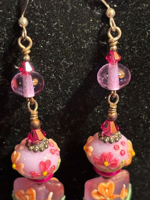 Vintage Artisan Boho Lampwork Glass Floral Dangle Pink And Green Earrings