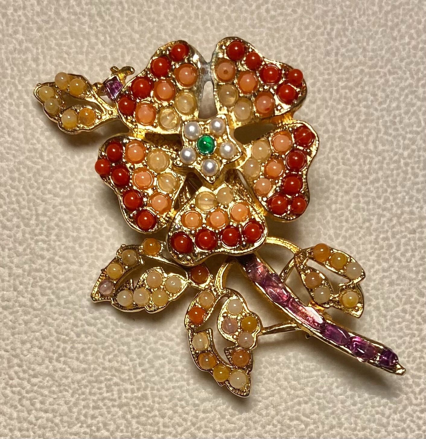 AUTHENTIC SWOBODA FLOWER BROOCH ~ ROSE QUARTZ, CORAL, PEARL ~ STUNNING!