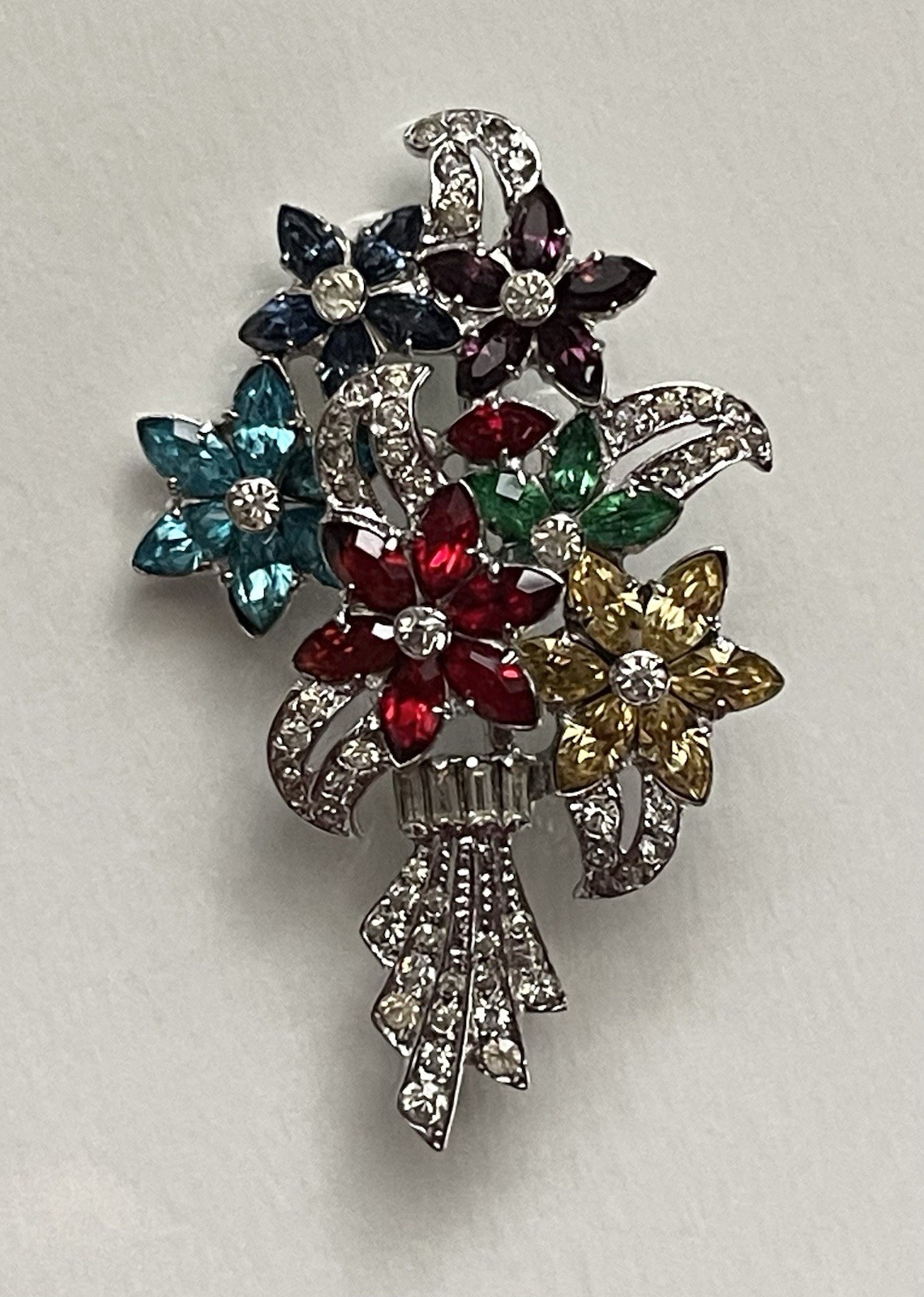Vintage OTIS Sterling Silver Multicolor Rhinestone Floral Bouquet Pin Brooch