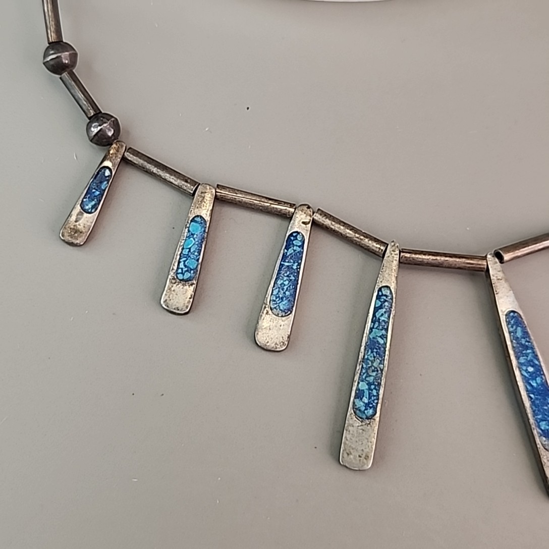 Vintage Mexican Necklace Sterling Silver Turquoise Chip Inlay Fringe Eagle 2