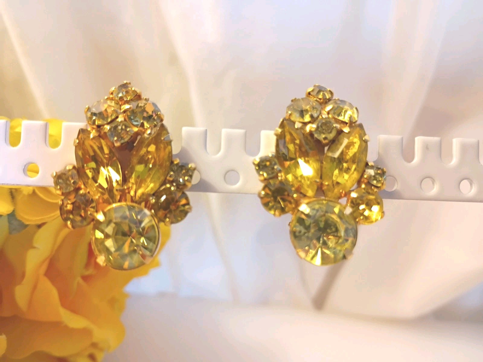 La Roco Rhinestone Vintage Clip Earrings Yellow w Gold Filled Metal