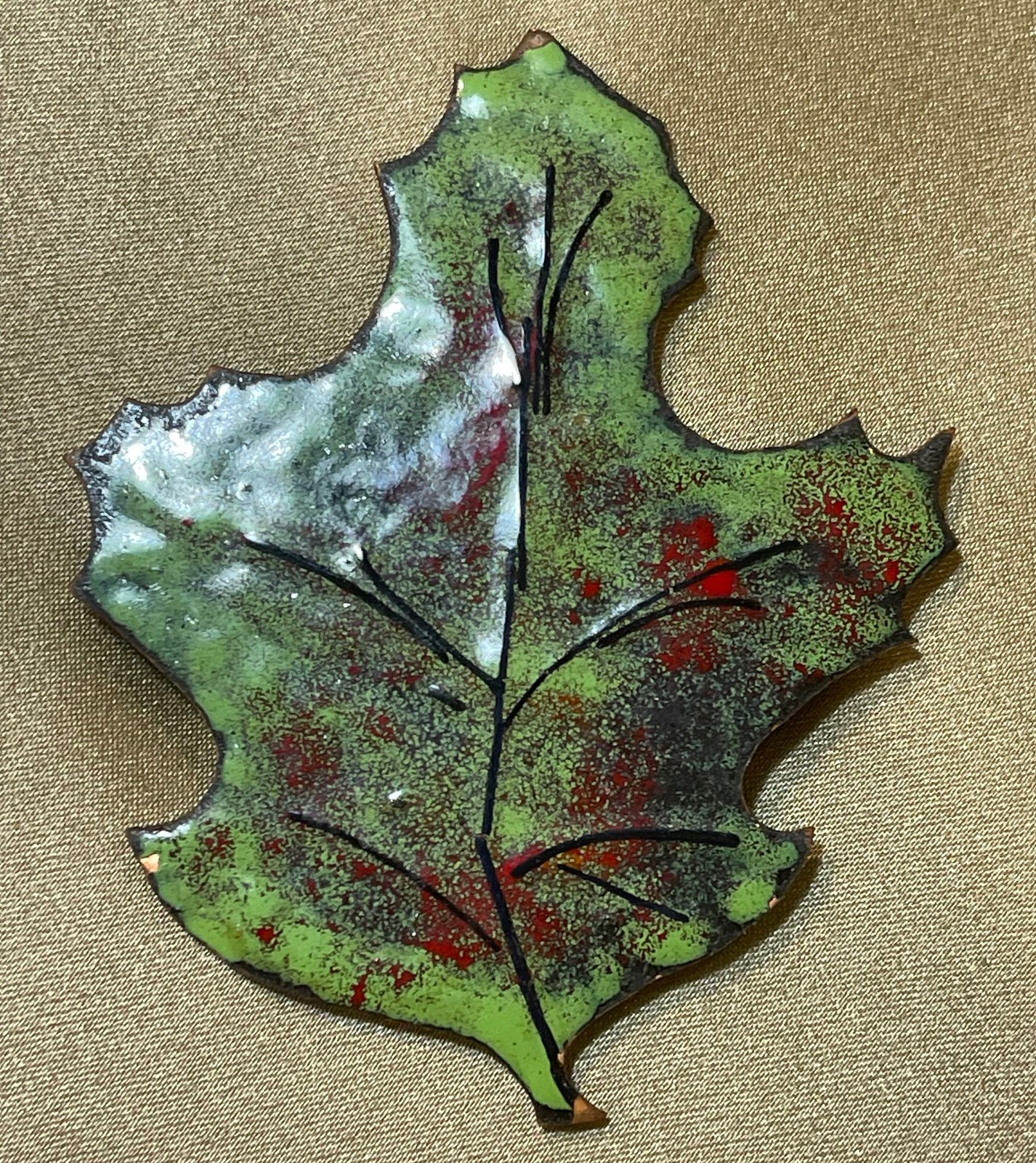 Vintage MCM Copper Enamel Green Leaf Brooch Pin Floral Plants Maple Leaf Costume