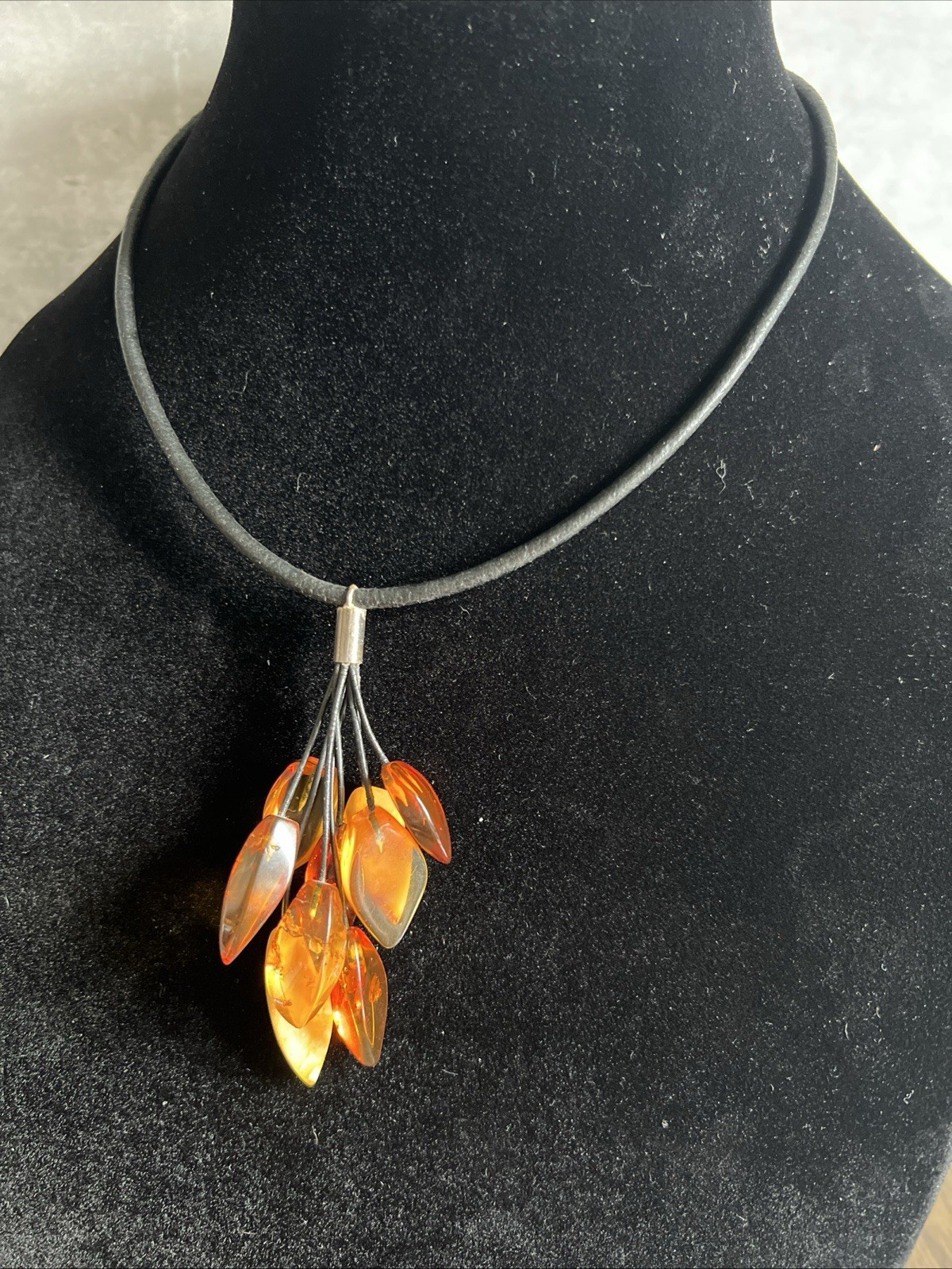 Vintage Amber Black Leather Cord Necklace Sterling Silver Clasp 16 Inch