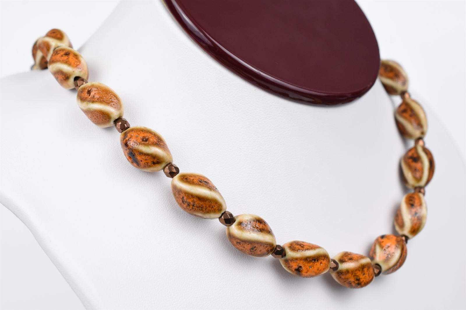 Gold Plated 21″ Cream Brown Orange Twist Ceramic Necklace w/ Bronze Spacers