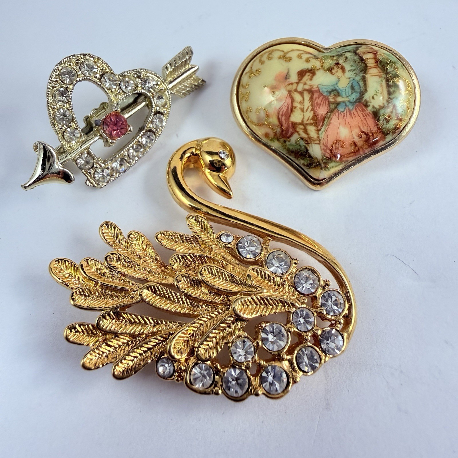 Vintage 3 Pins Rhinestone Swan Courting Couple Heart Brooch Romance