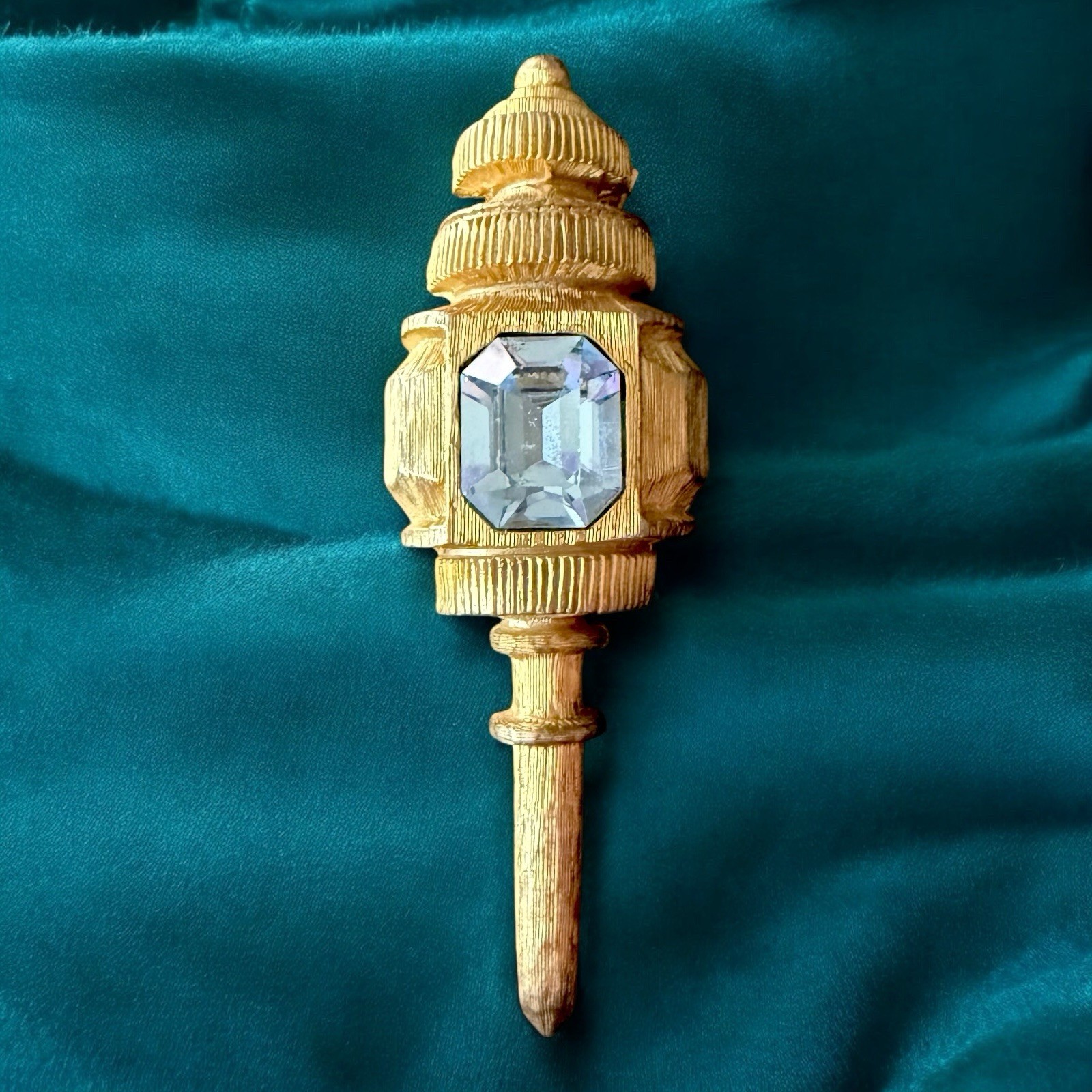 De Nicola Brooch Gold Tone Lamp Post Blue Rhinestone Signed Figural Pin