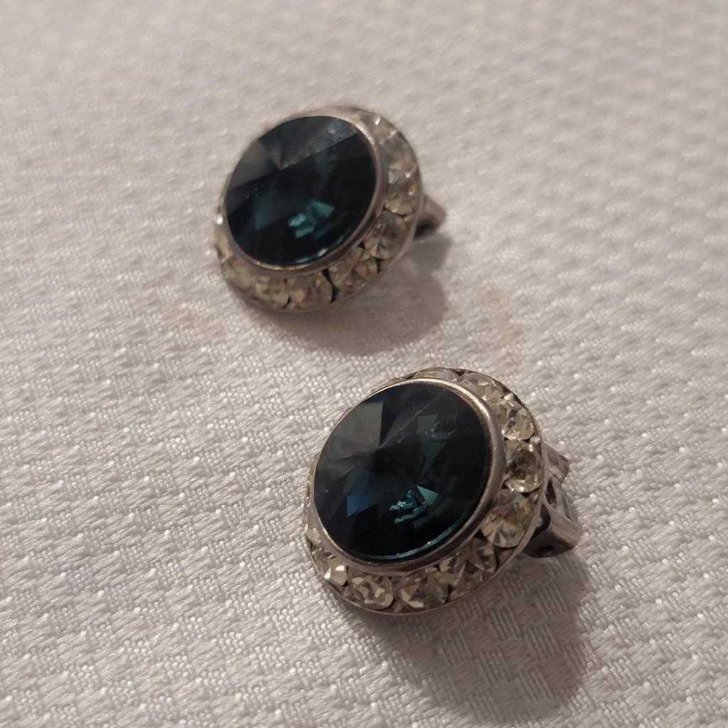 Vintage Blue Rivoli Volcano and Clear Rhinestone Clip Earrings