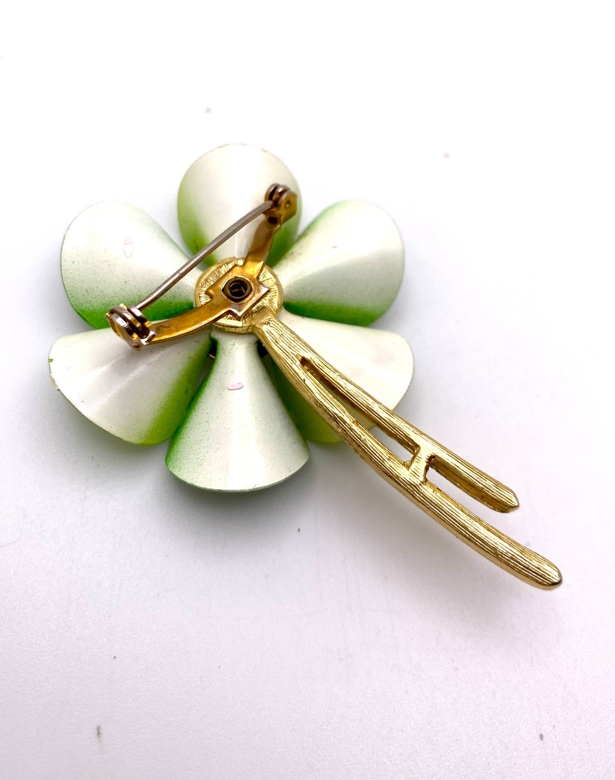 Vintage Costume Jewelry Dark & Lime Green Enamel Flower Brooch Pin 2.5″