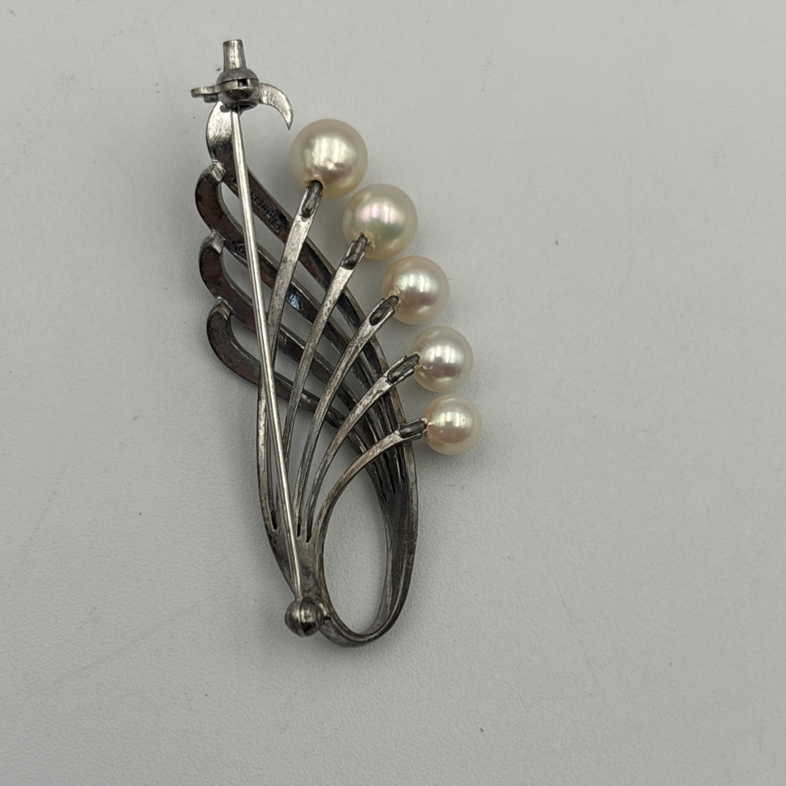 Mikimoto Pearl Sterling Silver Brooch Vintage Curved Wave Design Japan Signed